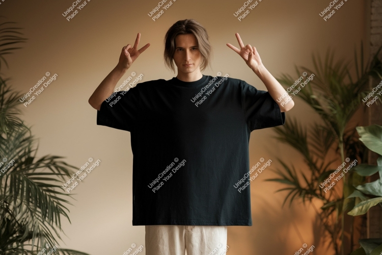 Man wearing black t shirt peace sign