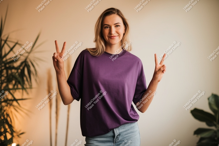 Woman wearing purple t shirt peace gesture image