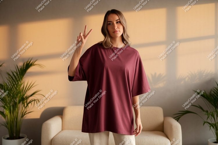Woman wearing maroon t shirt peace sign image