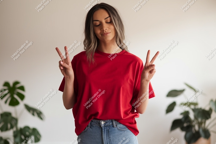 Woman red shirt peace sign image