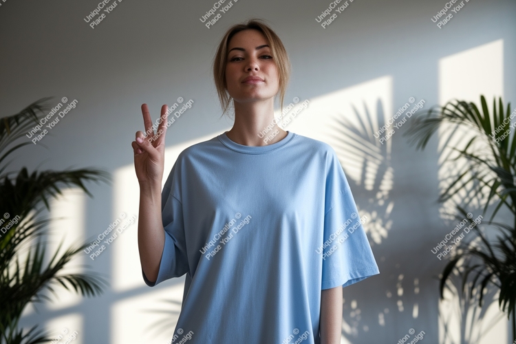 Woman wearing blue t-shirt peace sign image