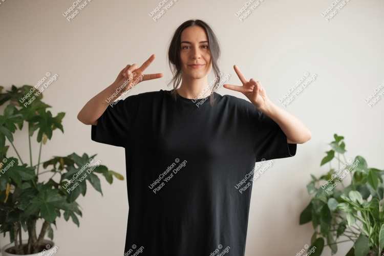 Woman wearing black t shirt making peace sign image