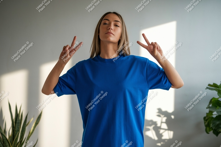 Woman wearing blue t shirt making peace sign image