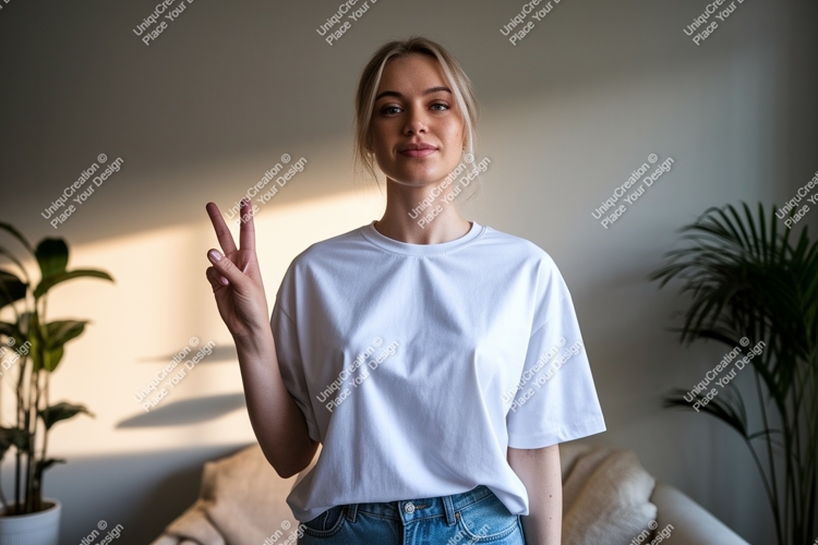 Woman peace gesture white t shirt image