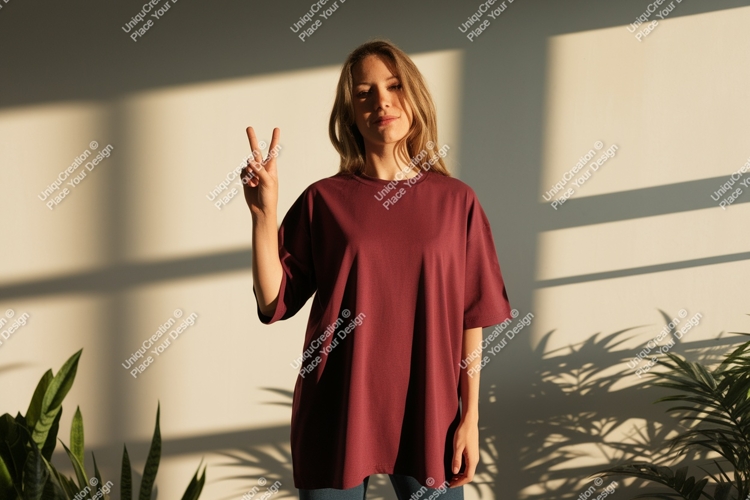 Woman wearing maroon t shirt peace sign image