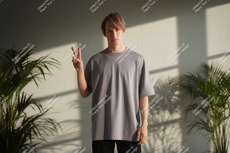 Young man wearing grey t shirt peace sign t-shirt