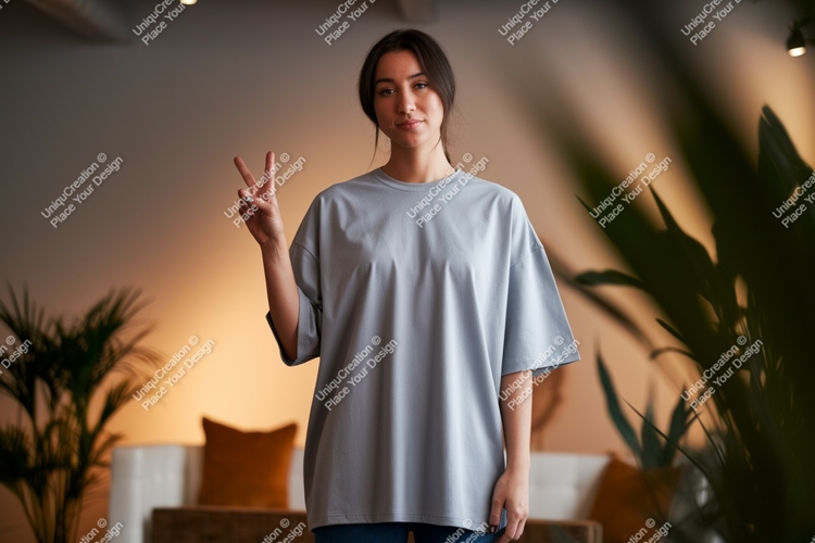 Woman wearing grey t shirt peace sign image