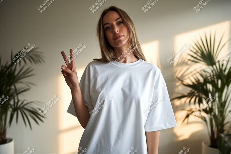 Woman wearing white t-shirt peace sign image
