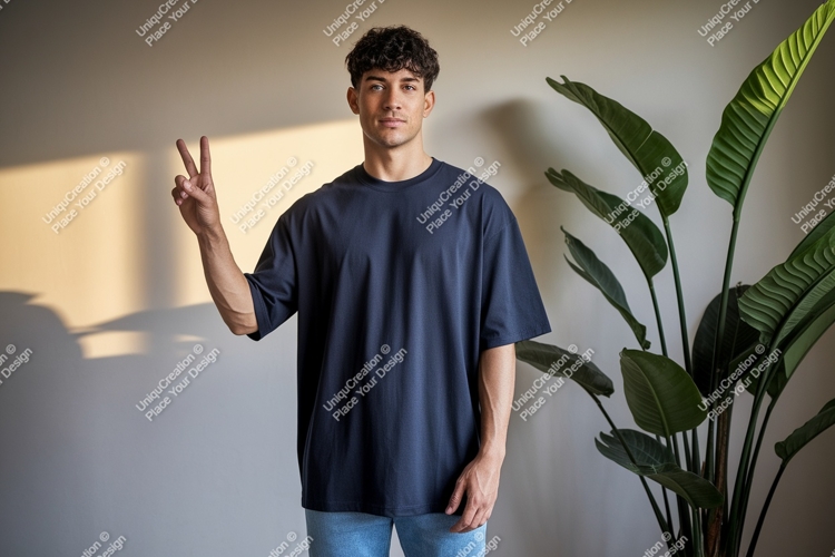 Man wearing dark blue t shirt and blue jeans image example image 1