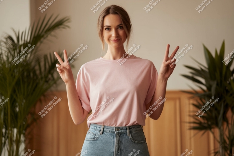 Woman wearing pink t shirt and jeans image example image 1