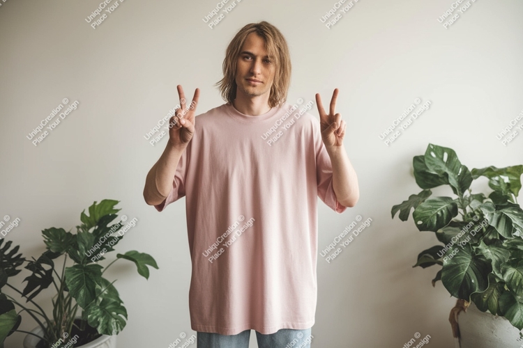 Man pink shirt peace gesture plants image