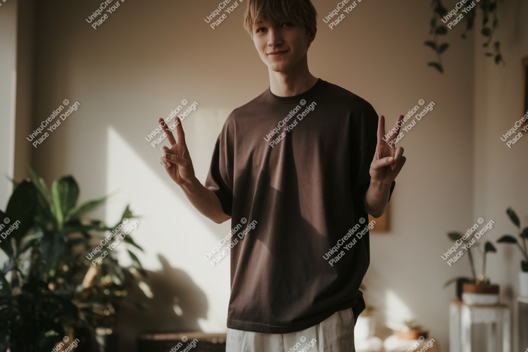 Young man wearing brown t shirt making peace sign image