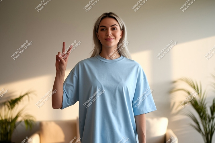 Woman wearing light blue t shirt peace sign image