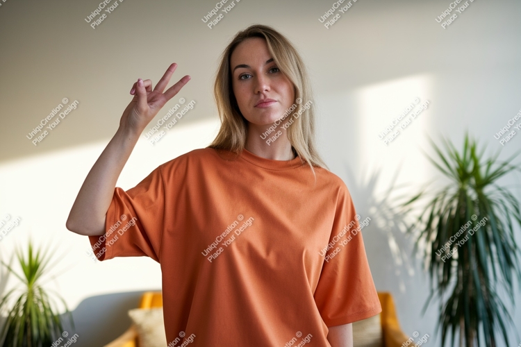 Woman orange shirt peace sign image