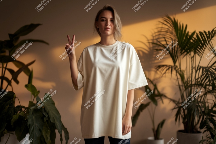 Woman wearing cream t shirt peace sign image