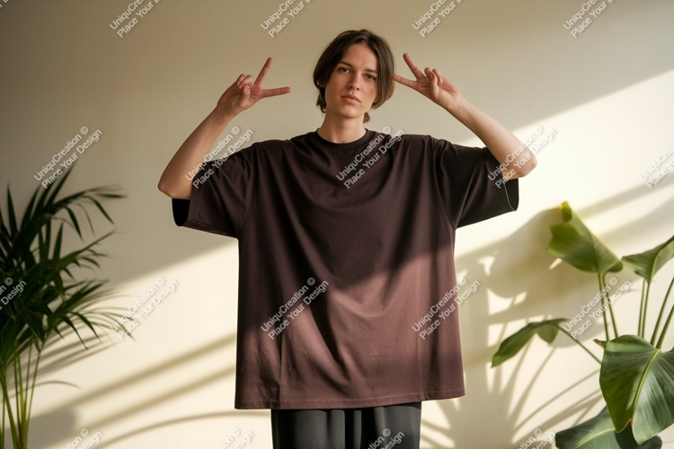 Young man brown t shirt peace sign image