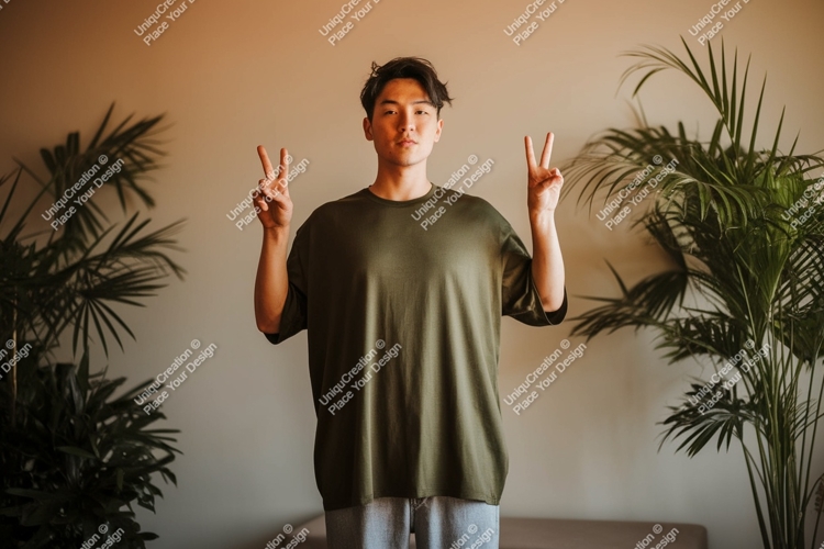 Young man peace sign green t-shirt