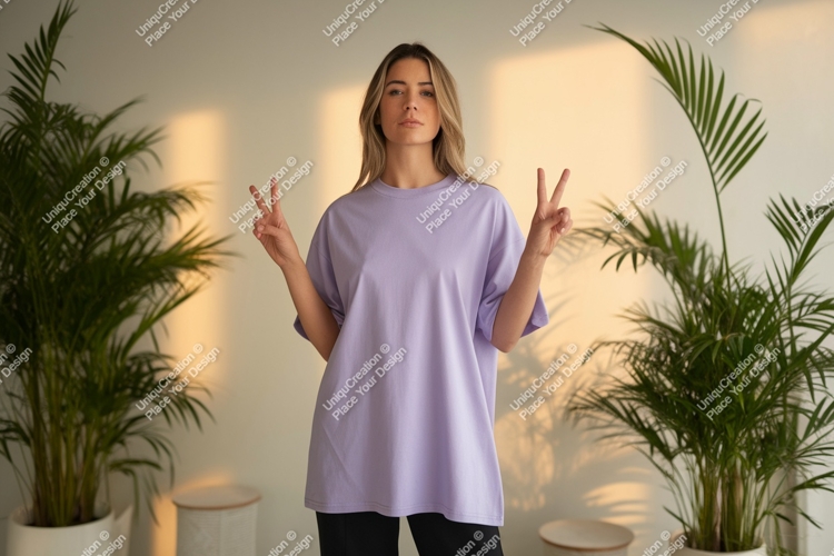 Woman wearing purple t shirt peace sign image
