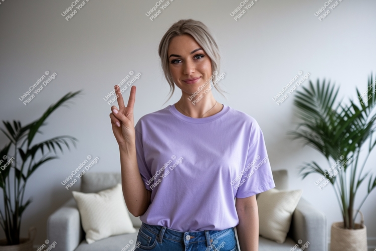 Woman peace sign lavender t shirt mockup image