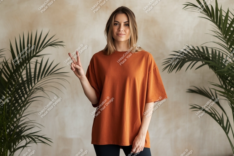 Woman wearing orange t shirt peace sign image