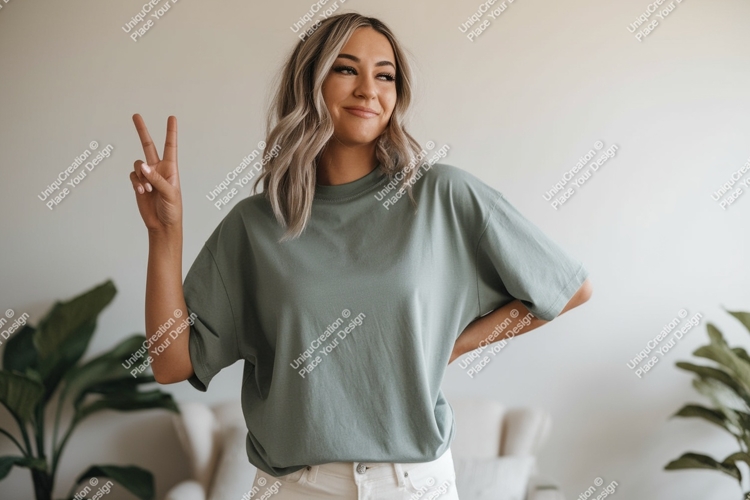 Woman wearing green t shirt peace sign image