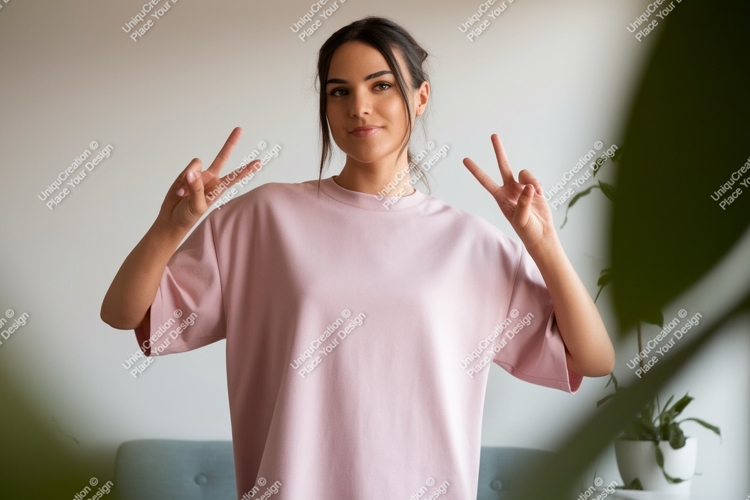 Young Woman Pink T Shirt Peace Sign image