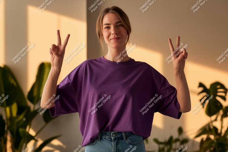 Woman wearing purple t-shirt and jeans peace example image 1