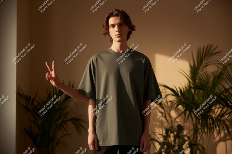 Young man wearing olive green t-shirt peace