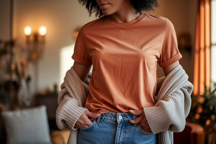 Orange t shirt and denim jeans mockup image