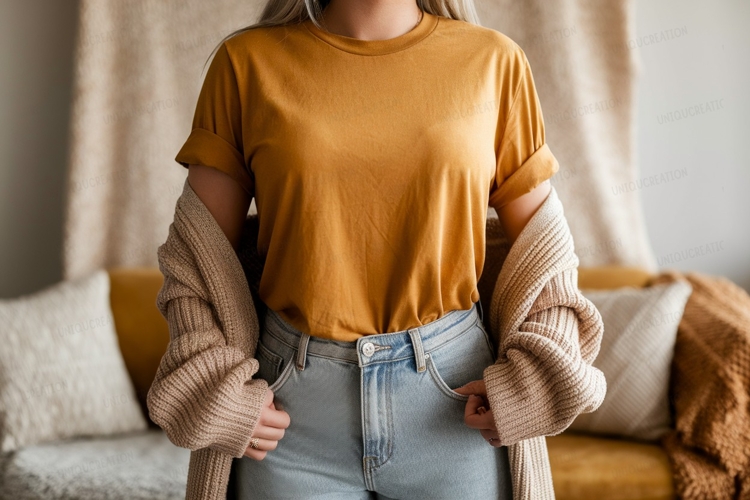 Mustard tee light denim jeans cardigan mockup woman