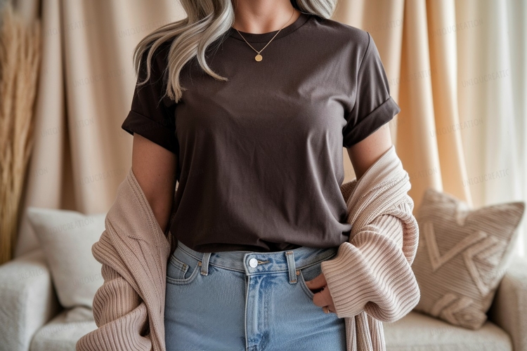 Woman wearing dark t shirt and jeans casual example image 1