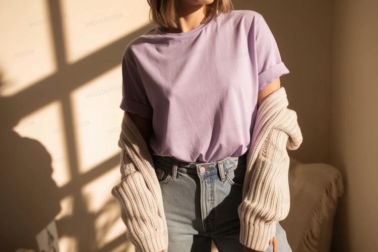 Lavender tee light blue jeans knit cardigan image