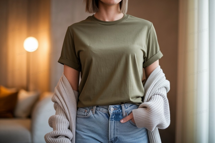 Olive green t shirt and denim jeans image
