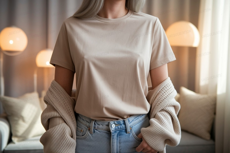 Beige t shirt light blue jeans cardigan mockup image