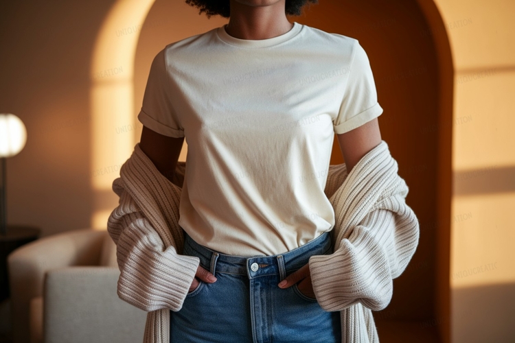Cream tee blue jeans cardigan mockup image