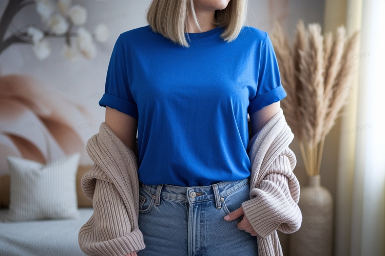 Blue t shirt and beige cardigan mockup image
