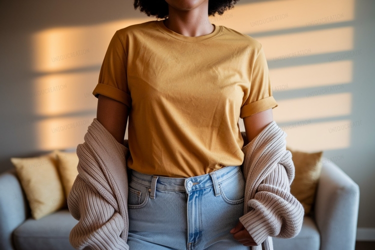 Mustard shirt light jeans knit cardigan woman