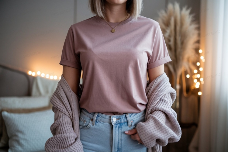 Mauve t shirt light wash jeans cardigan mockup image