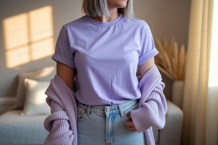 Lavender tee and cardigan outfit denim jeans