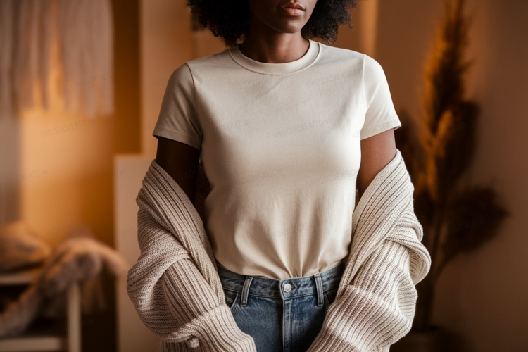 Woman wearing cream t shirt and cardigan image
