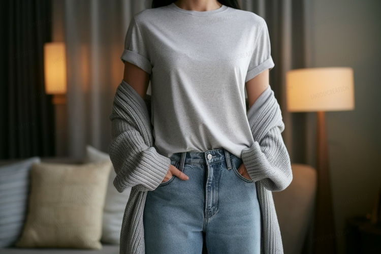 Grey t shirt and cardigan mockup tshirt jeans