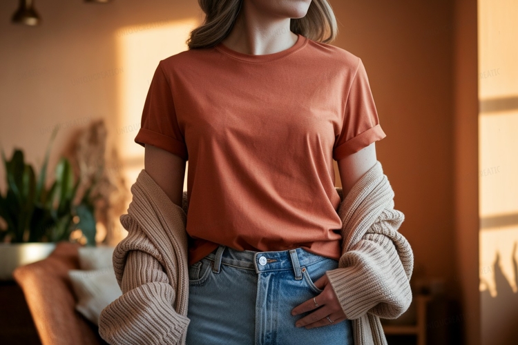 Terracotta tee light wash denim beige cardigan image