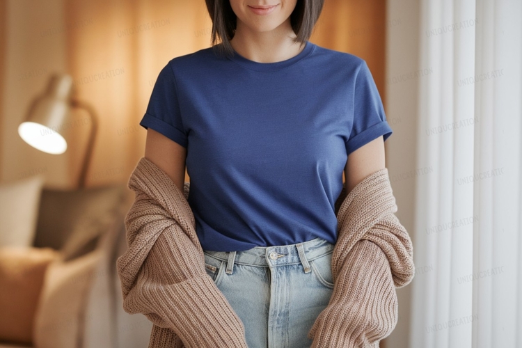 Woman wearing blue t shirt and cardigan image