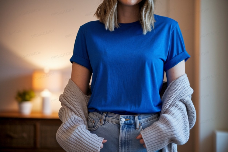 Blue shirt with gray cardigan and jeans image