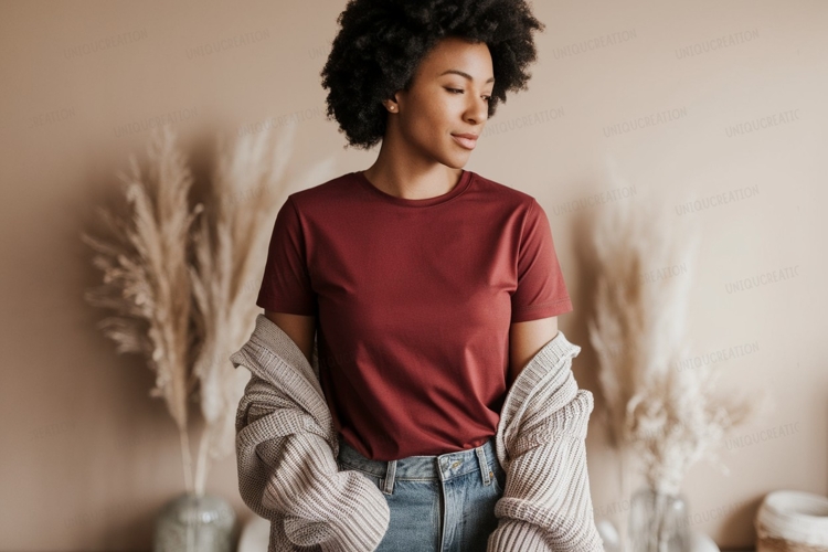 Woman wearing maroon t shirt and cardigan image