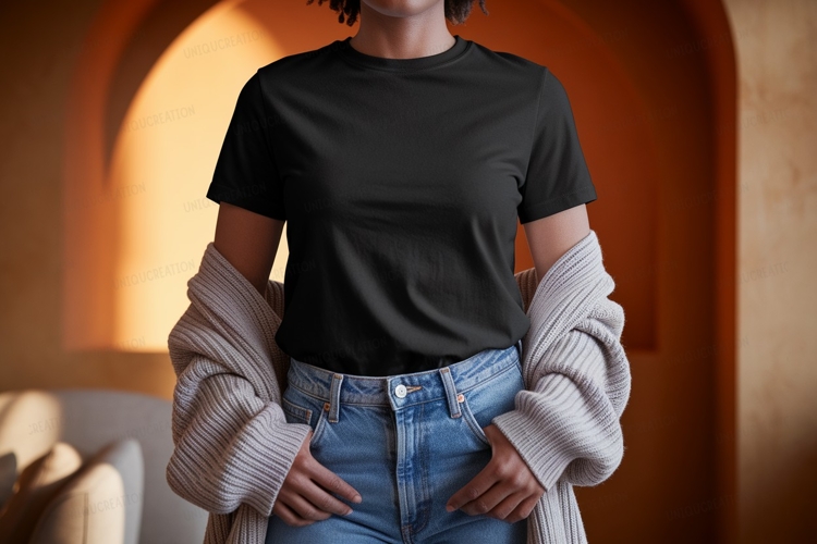 Black t shirt mockup with cozy cardigan clothing