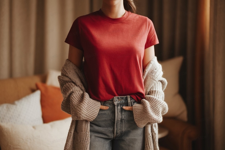 Red shirt grey cardigan denim jeans image