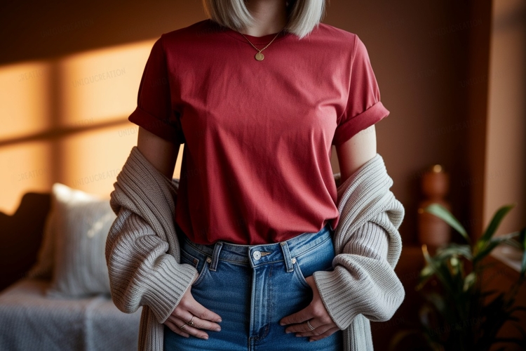Red shirt blue jeans cardigan mockup image