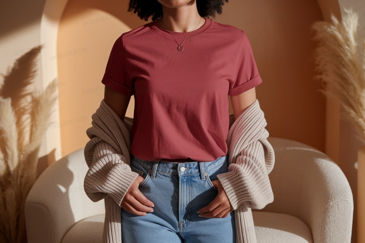 Maroon T Shirt Blue Jeans Cardigan Mockup image