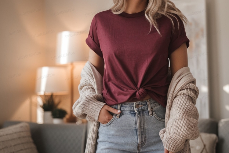 Maroon shirt light jeans cozy cardigan image